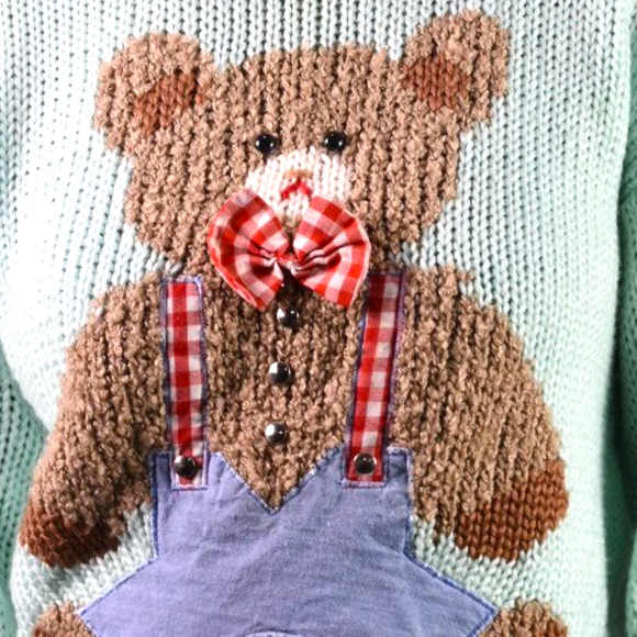 Vintage Far Near Teddy Bear 3D Sweater Green Pastel Textured Camp Novelty Large - Picture 10 of 16